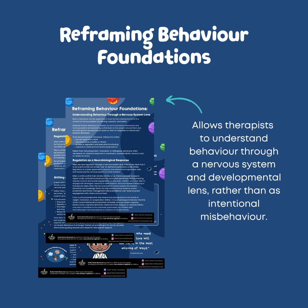 Information Sheets titled 'Reframing Behaviour Foundations' on a blue background with text about understanding behaviour.