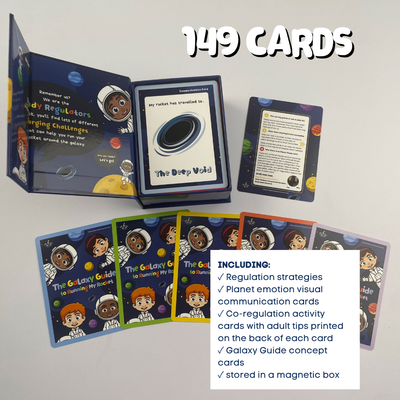 149 Ready Rocket Charging Challenges cards fanned out showing regulation strategies, emotion cards and co-regulation activities - Ready Rocket Resources